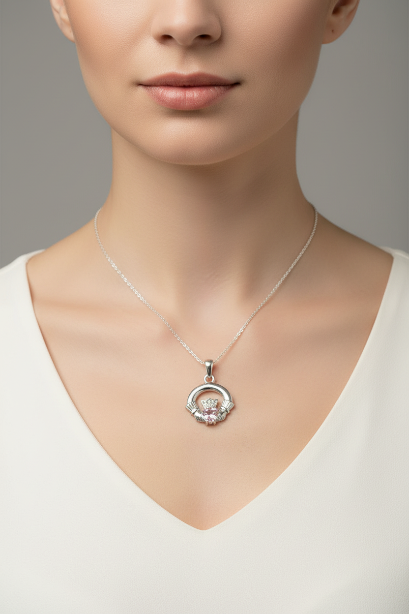 9CT White Gold Pink Birthstone Claddagh Pendant