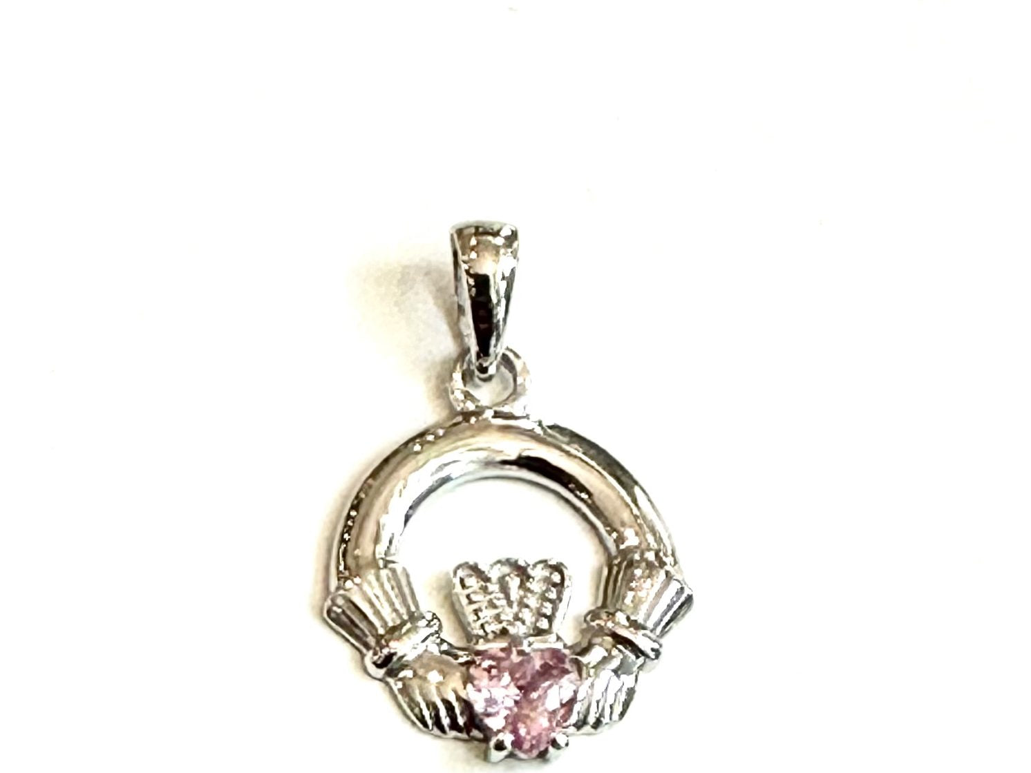 9CT White Gold Pink Birthstone Claddagh Pendant