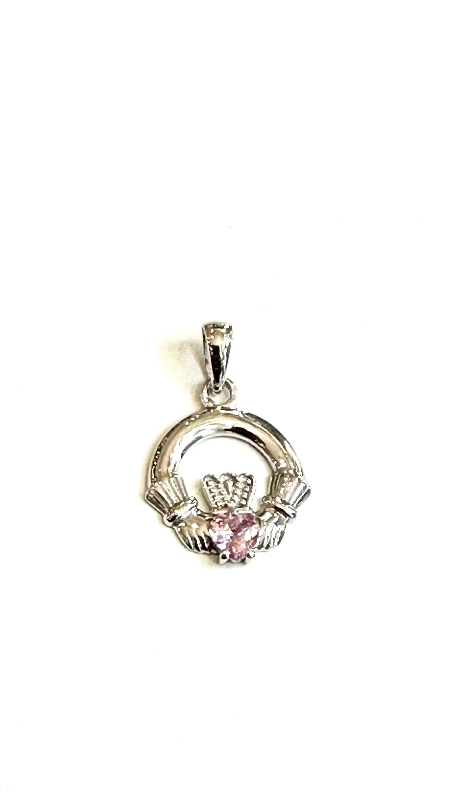 9CT White Gold Pink Birthstone Claddagh Pendant