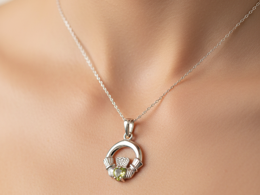 9CT White Gold Peridot Birthstone Claddagh Pendant
