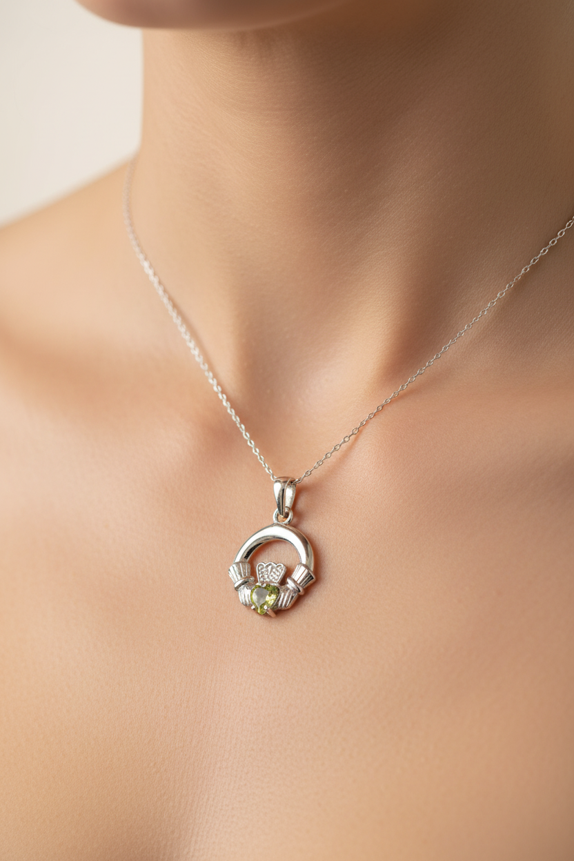 9CT White Gold Peridot Birthstone Claddagh Pendant
