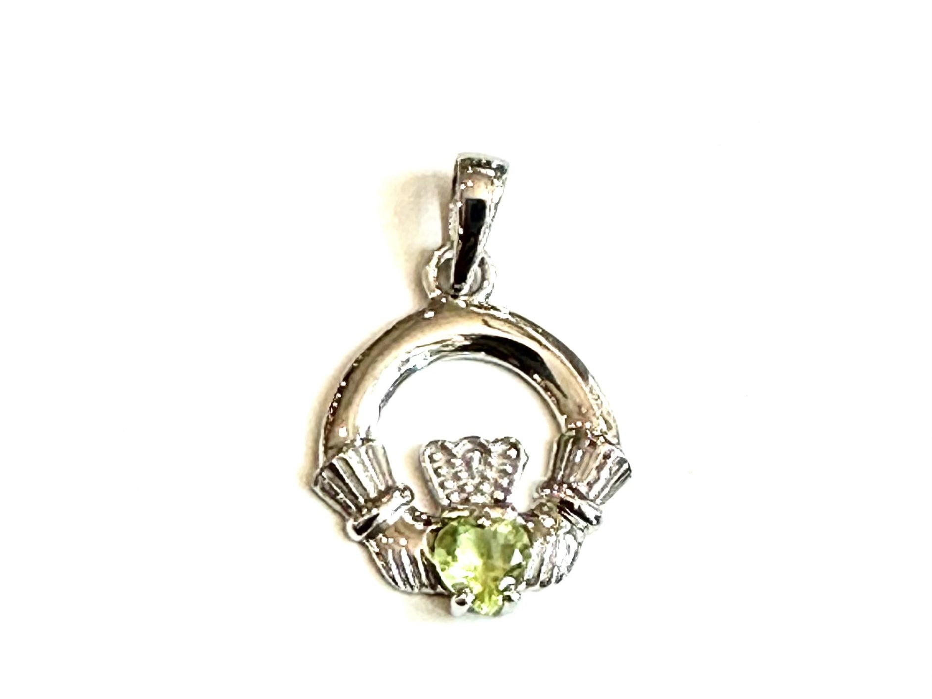 9CT White Gold Peridot Birthstone Claddagh Pendant