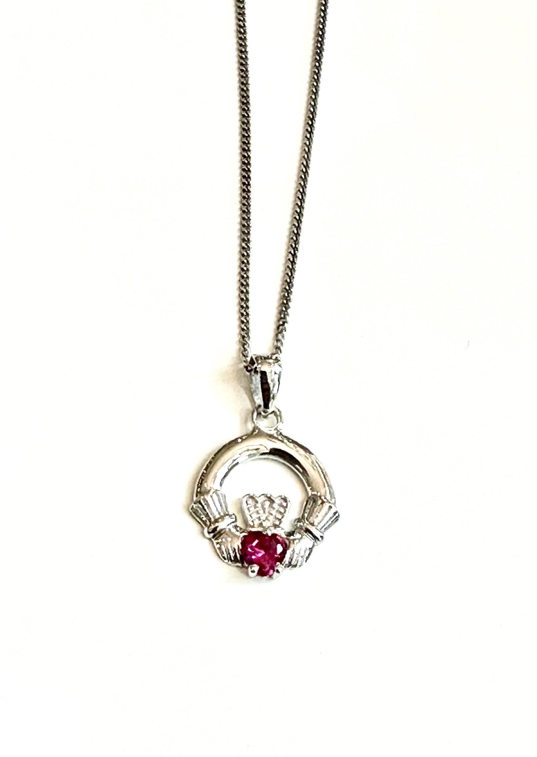 9CT White Gold Ruby Birthstone Claddagh Pendant