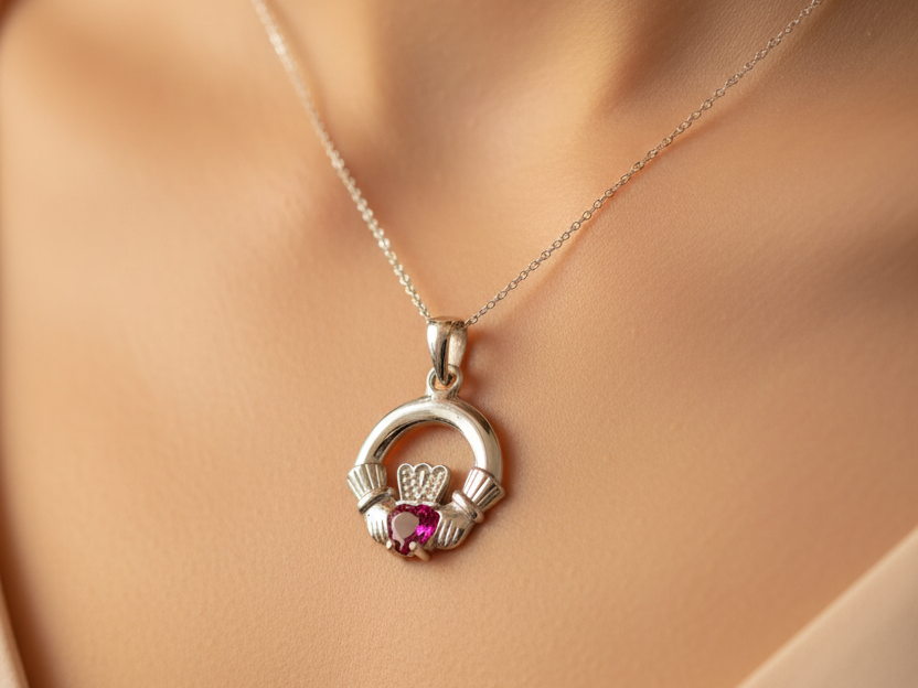 9CT White Gold Ruby Birthstone Claddagh Pendant
