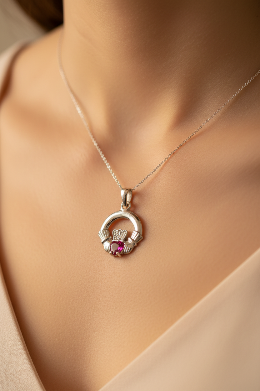 9CT White Gold Ruby Birthstone Claddagh Pendant