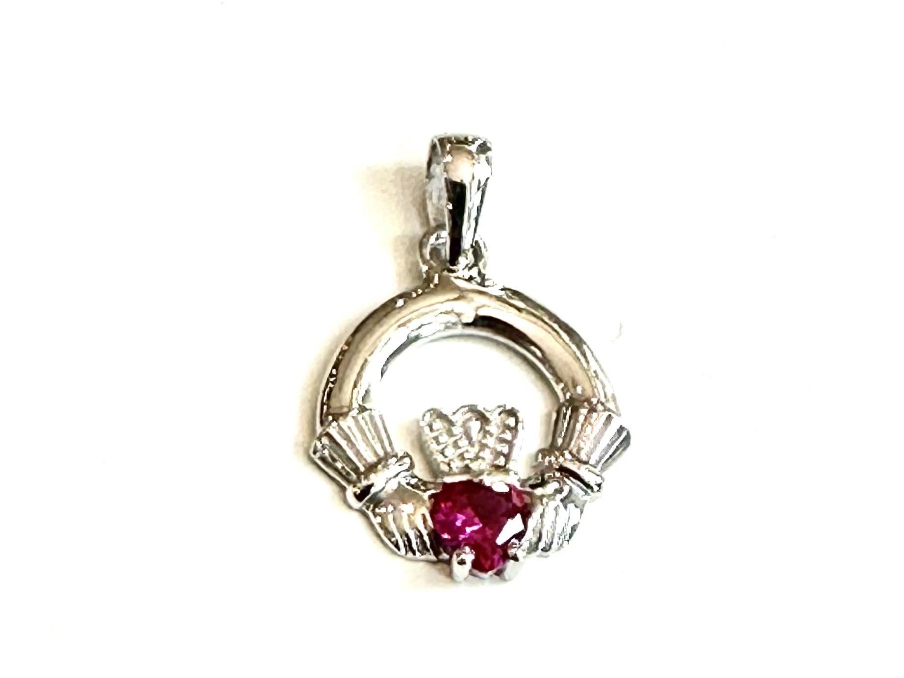 9CT White Gold Ruby Birthstone Claddagh Pendant