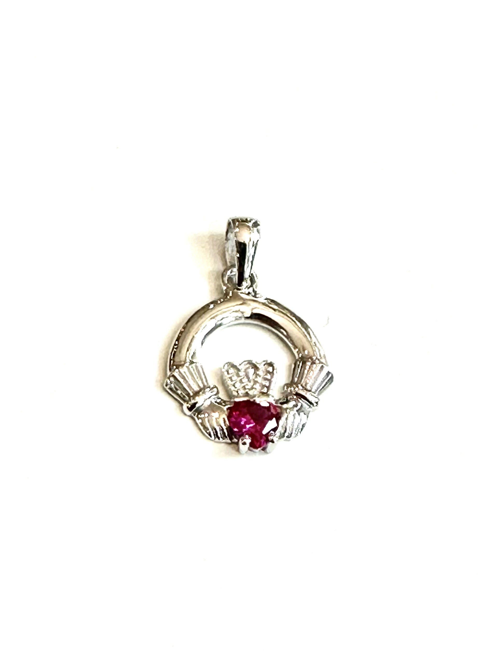 9CT White Gold Ruby Birthstone Claddagh Pendant