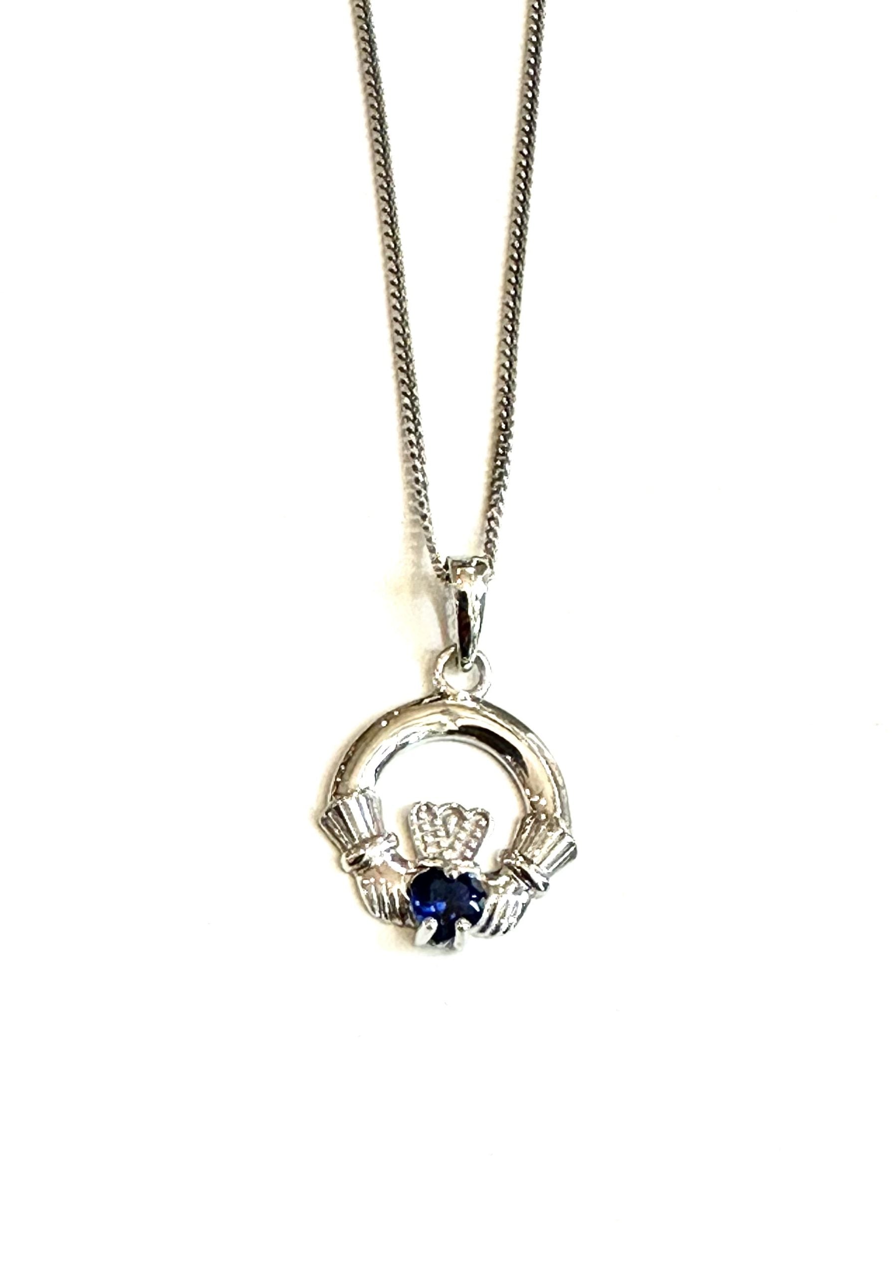 9CT White Gold Sapphire Birthstone Claddagh Pendant