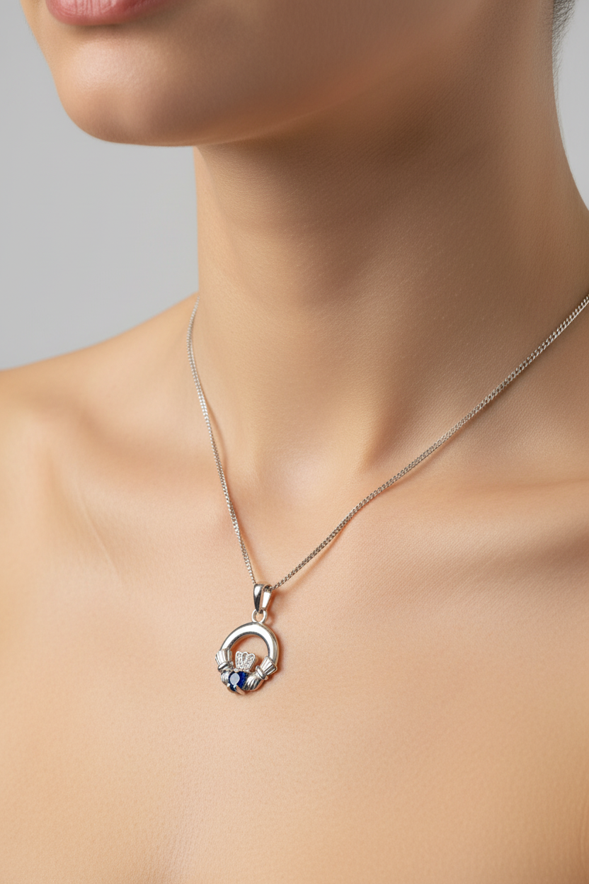 9CT White Gold Sapphire Birthstone Claddagh Pendant