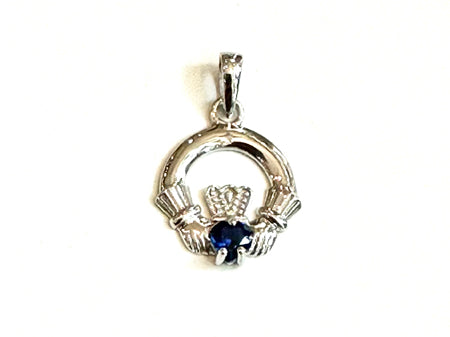9CT White Gold Sapphire Birthstone Claddagh Pendant