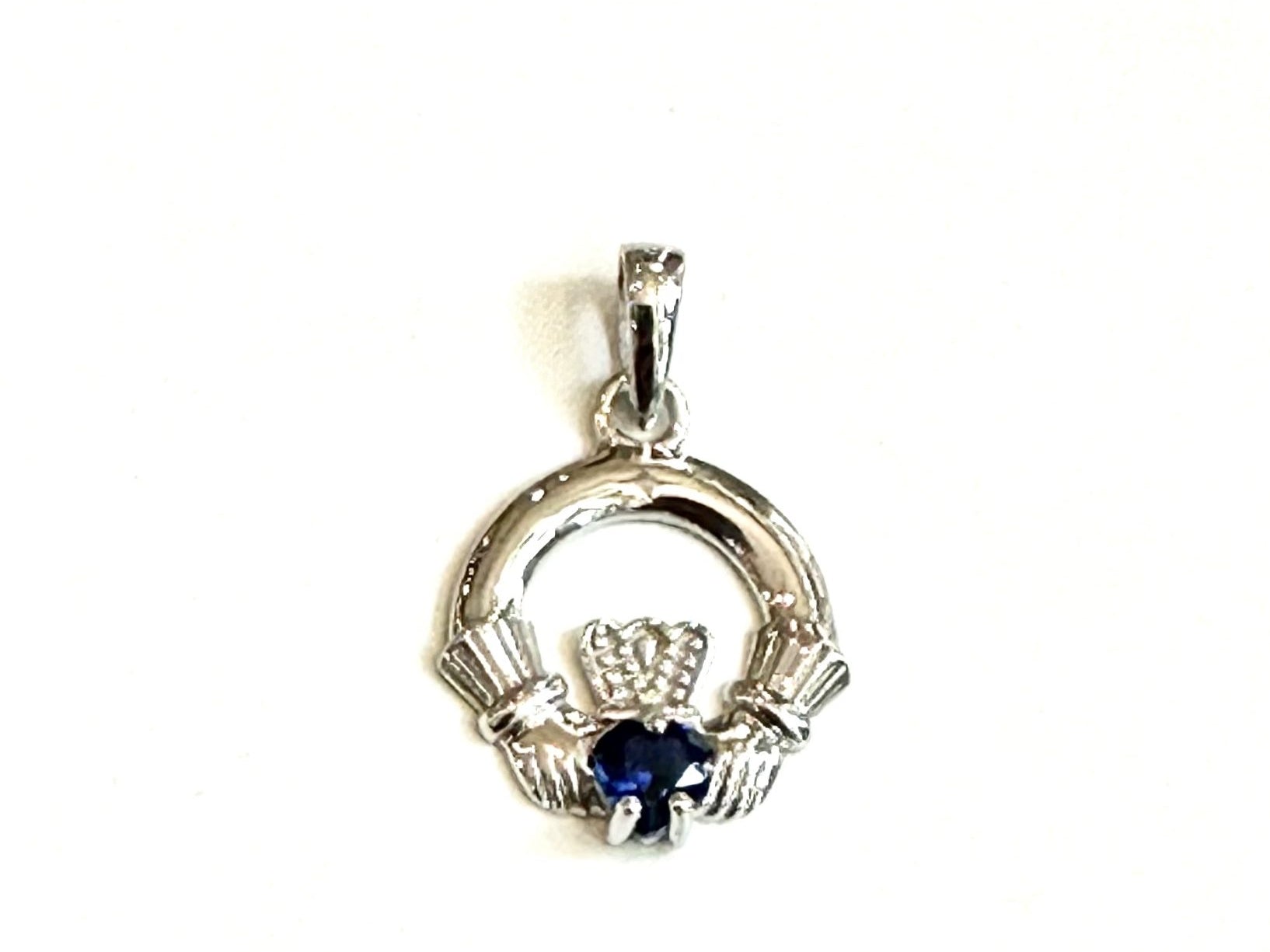 9CT White Gold Sapphire Birthstone Claddagh Pendant