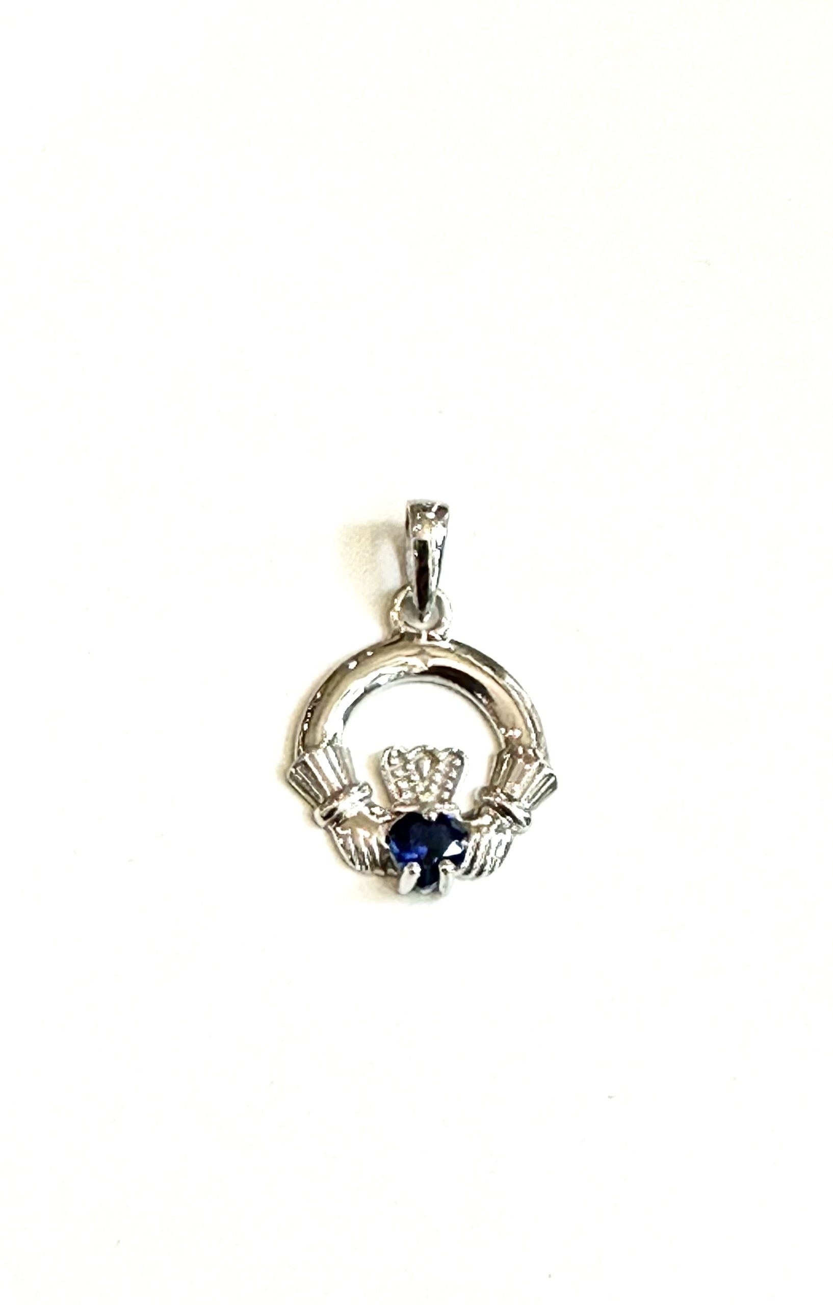 9CT White Gold Sapphire Birthstone Claddagh Pendant