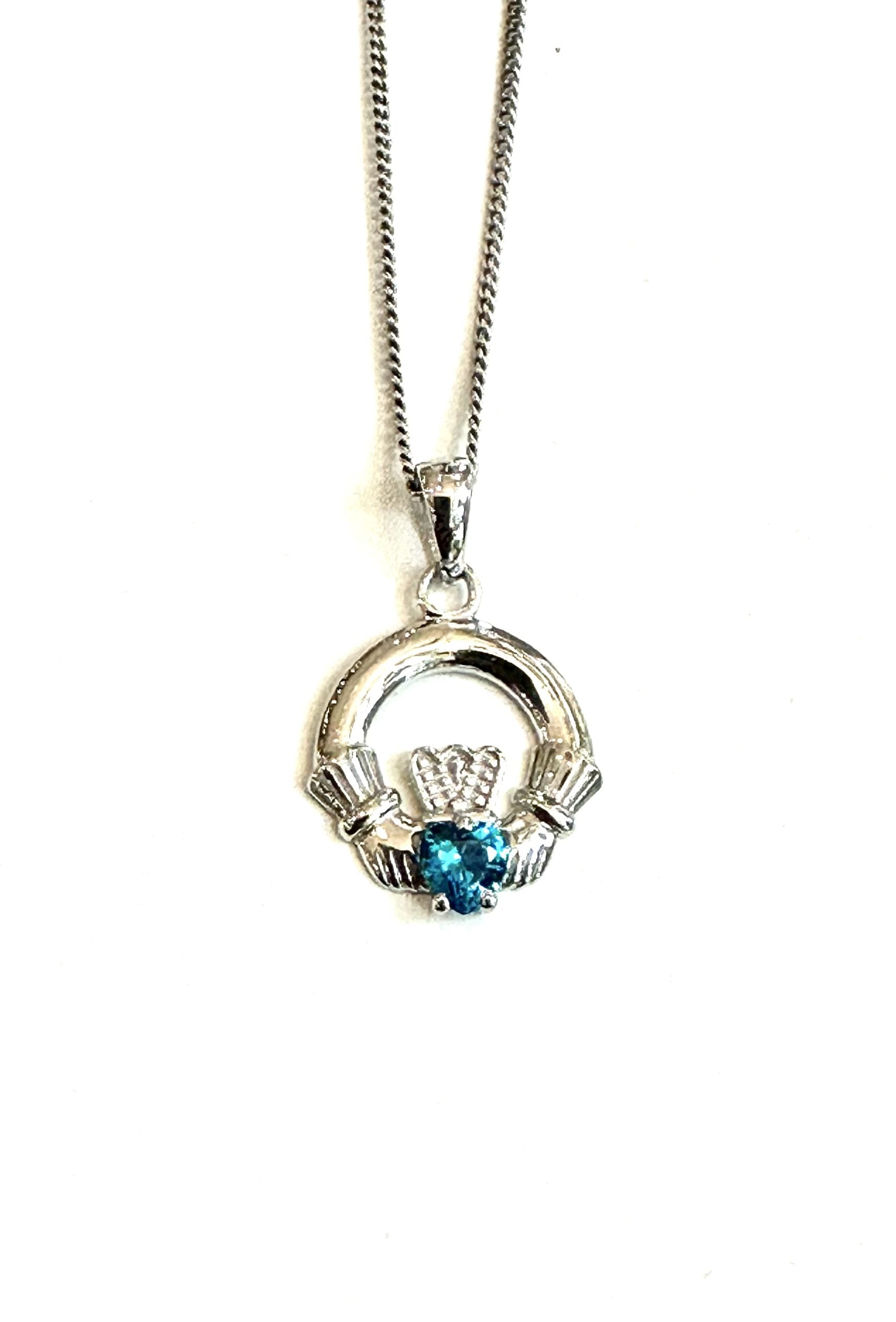 9CT White Gold Topaz Birthstone Claddagh Pendant