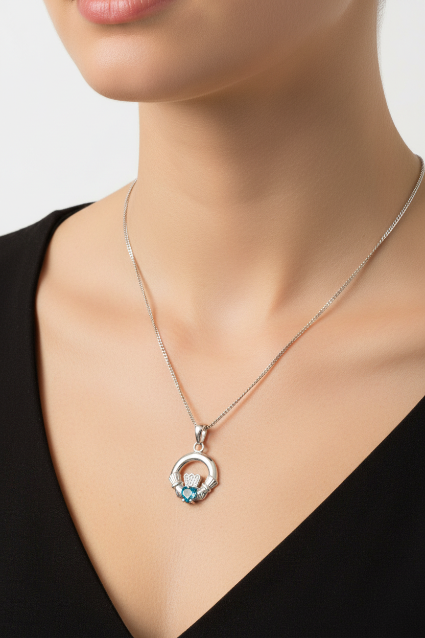 9CT White Gold Topaz Birthstone Claddagh Pendant