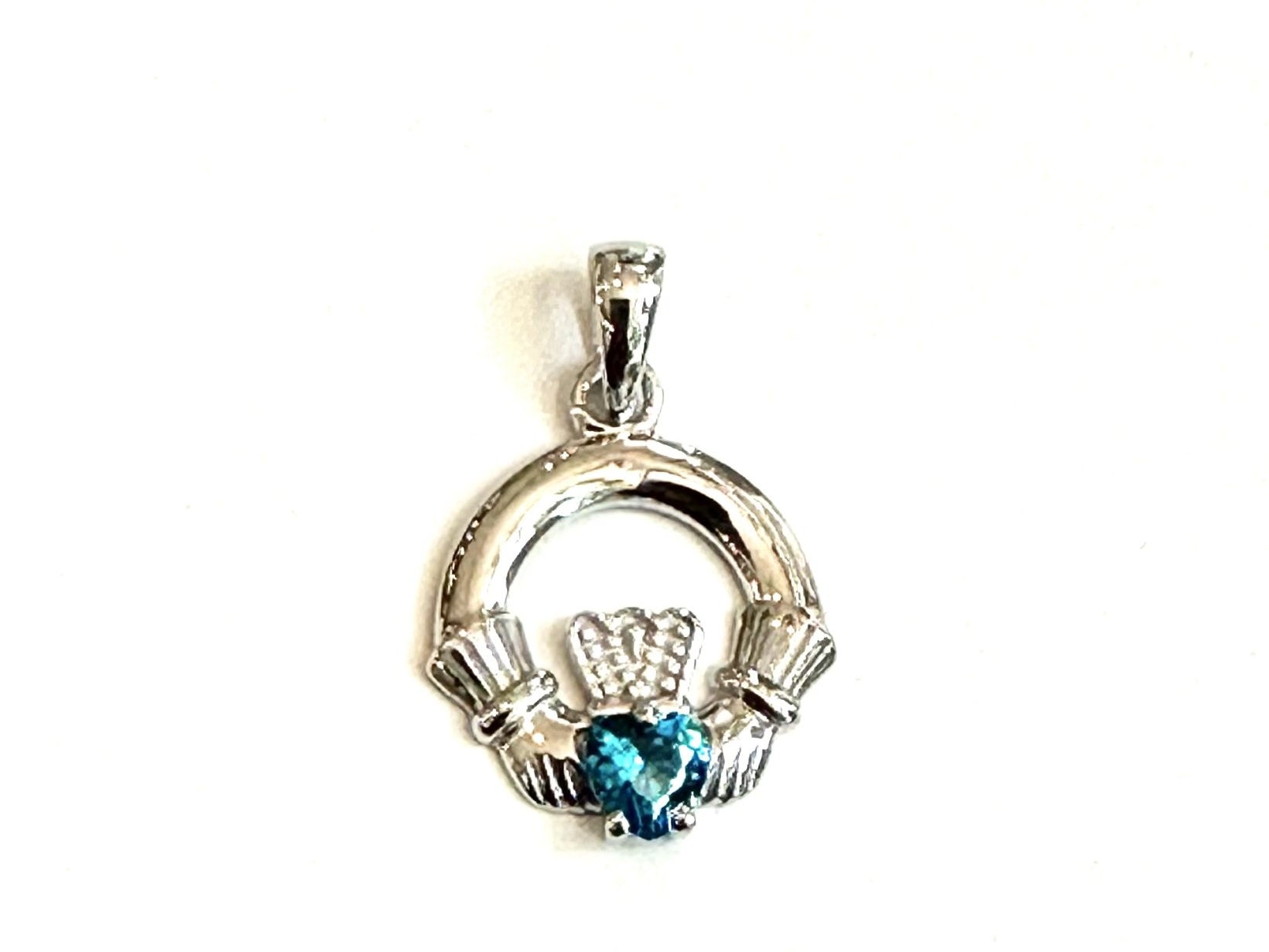 9CT White Gold Topaz Birthstone Claddagh Pendant
