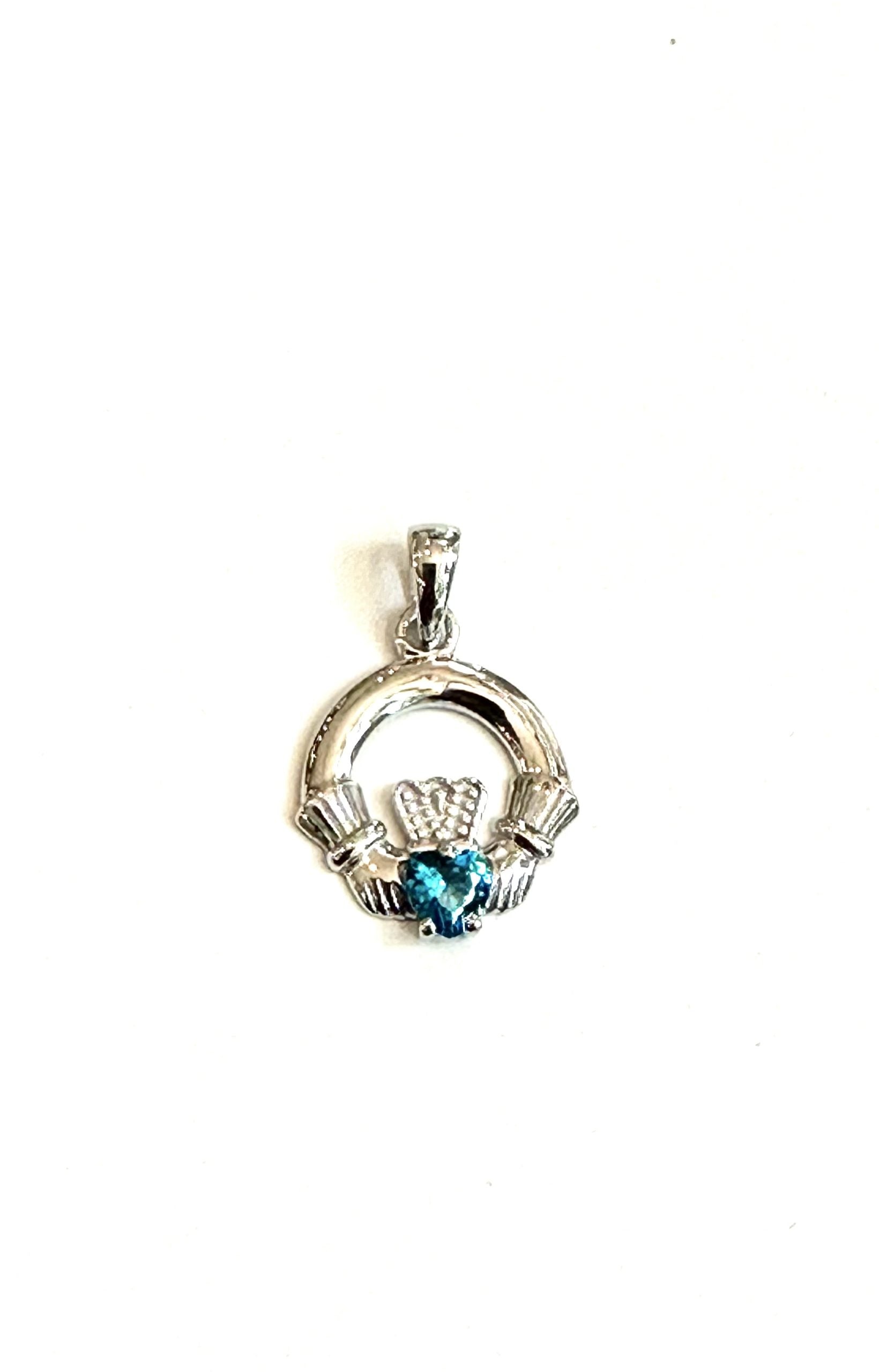 9CT White Gold Topaz Birthstone Claddagh Pendant