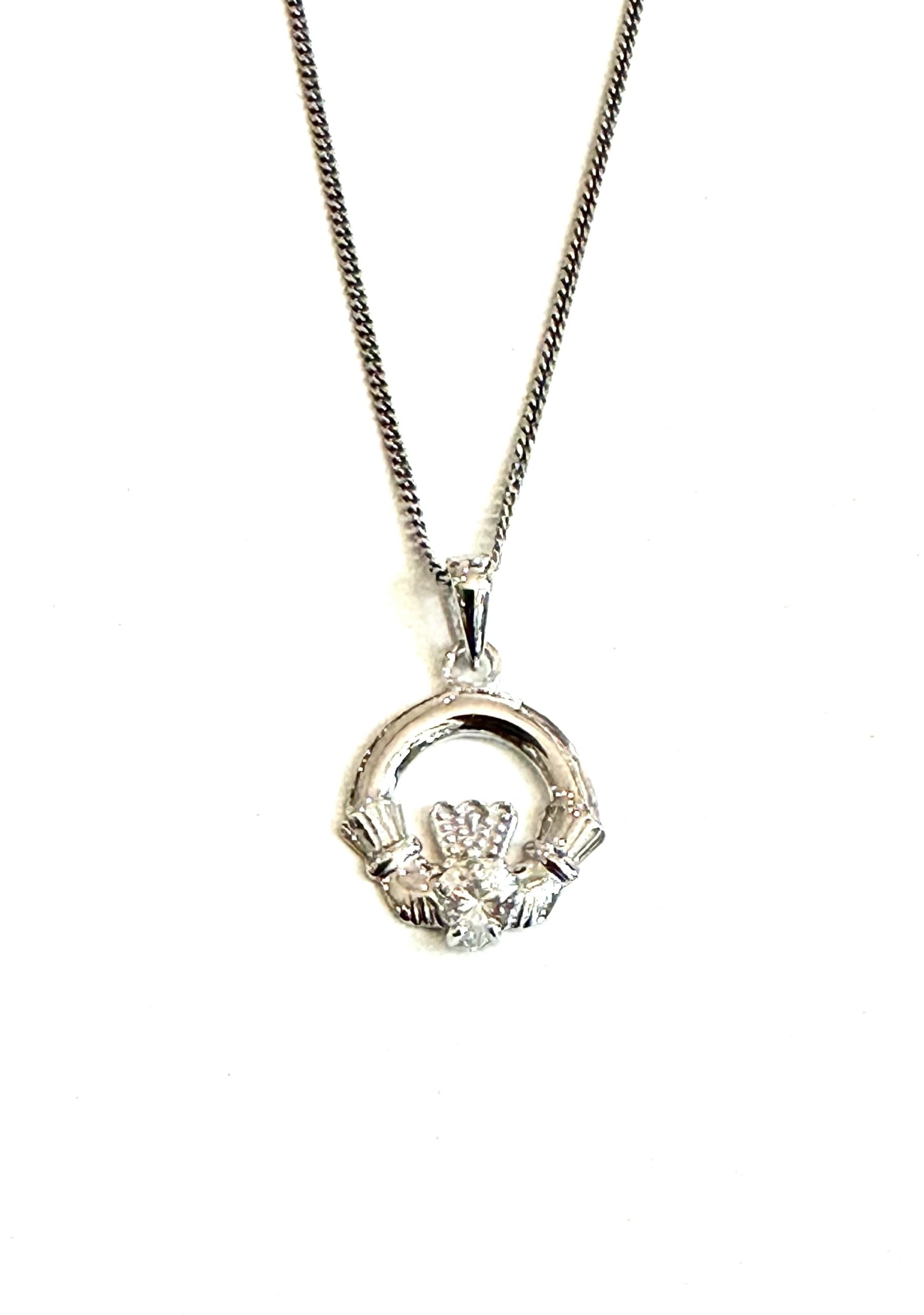 9CT White Gold Cz Birthstone Claddagh Pendant.
