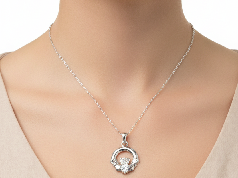 9CT White Gold Cz Birthstone Claddagh Pendant.