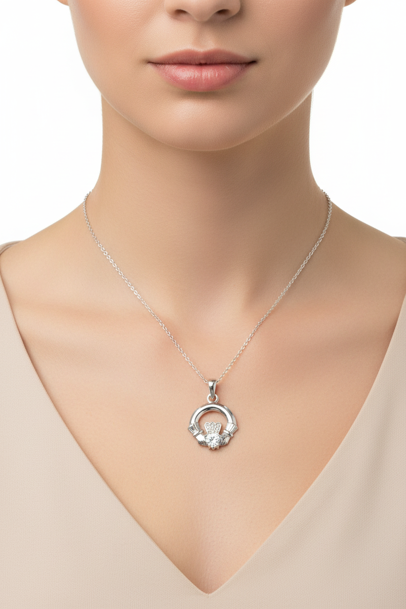 9CT White Gold Cz Birthstone Claddagh Pendant.