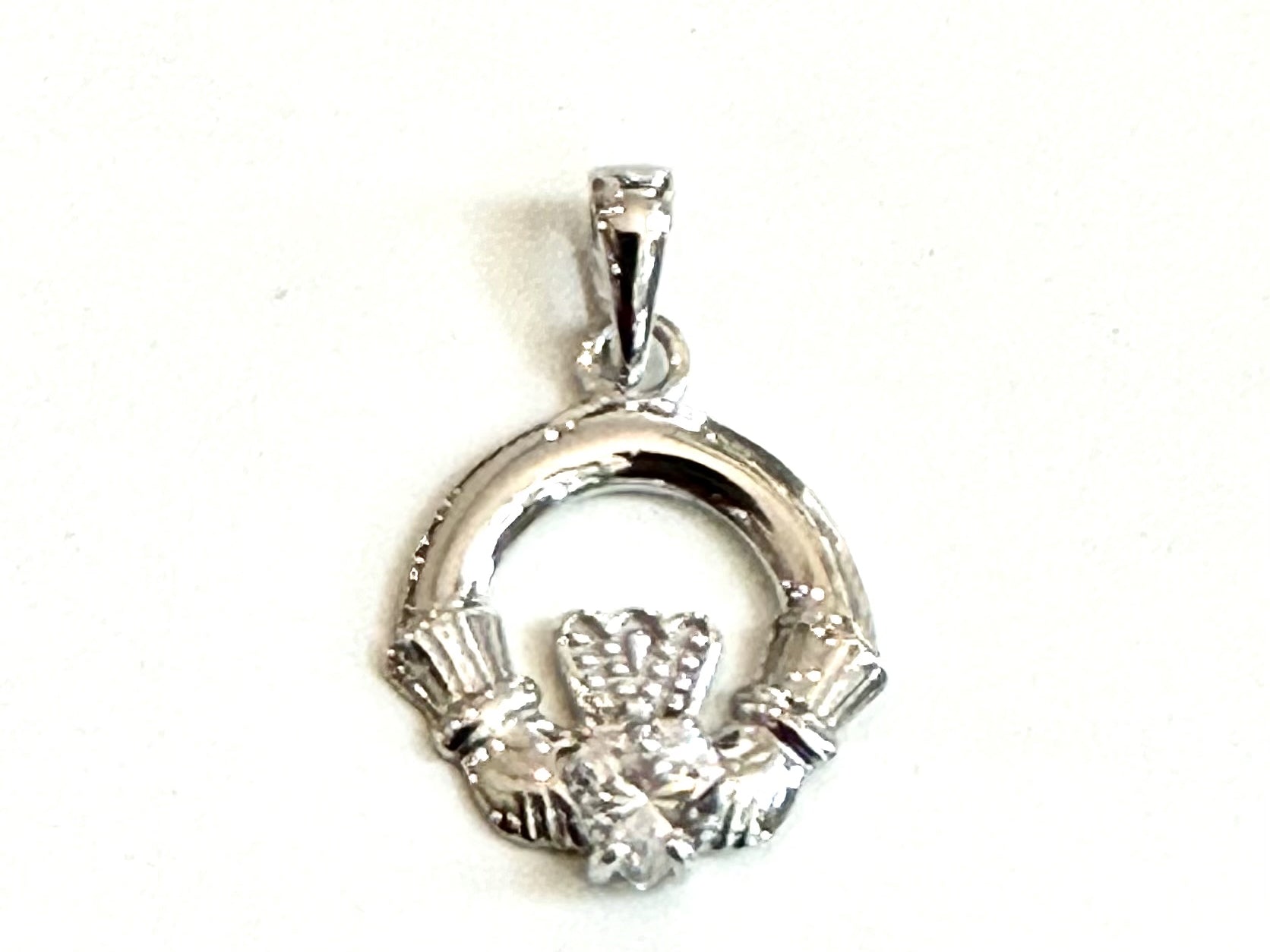 9CT White Gold Cz Birthstone Claddagh Pendant.