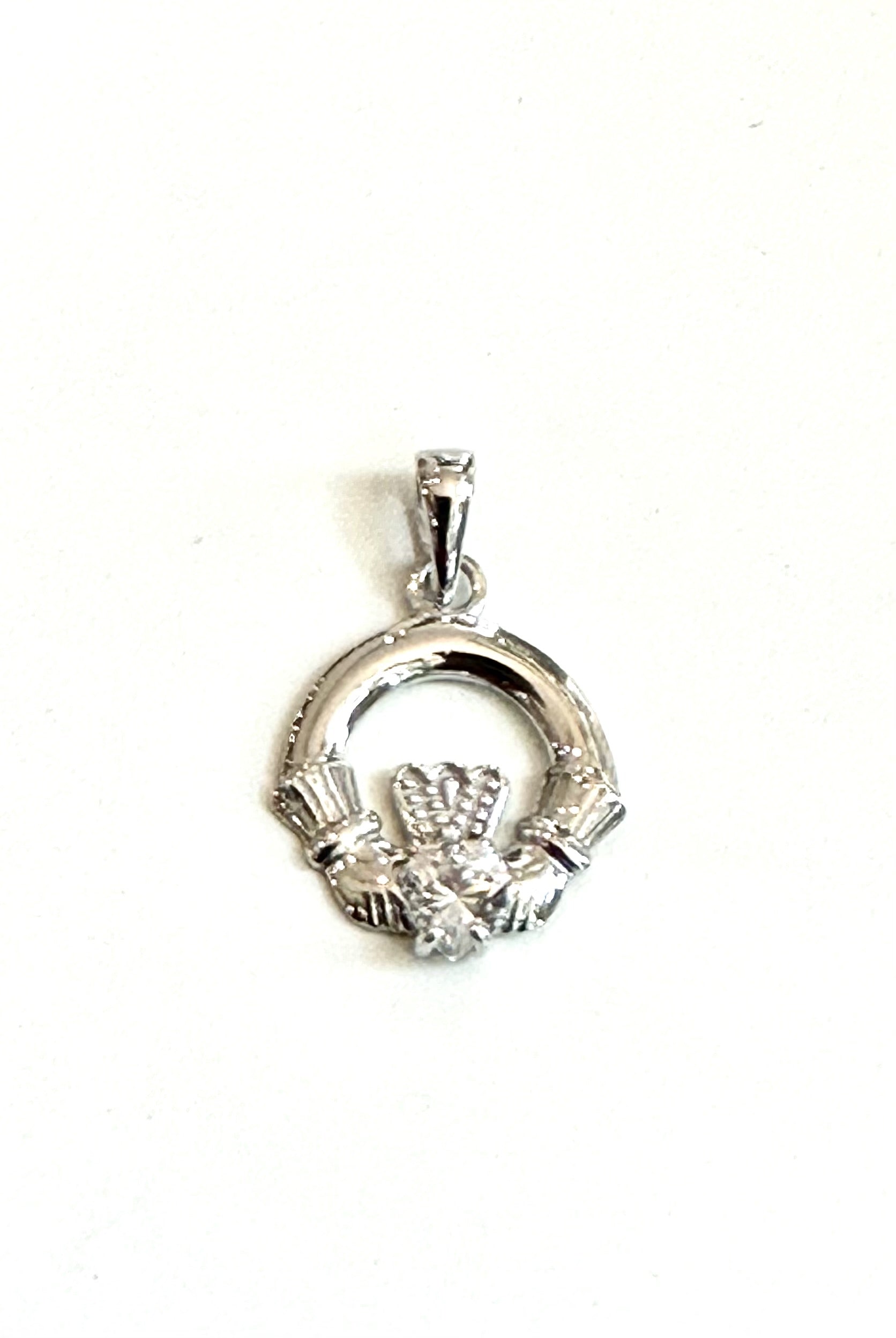 9CT White Gold Cz Birthstone Claddagh Pendant.