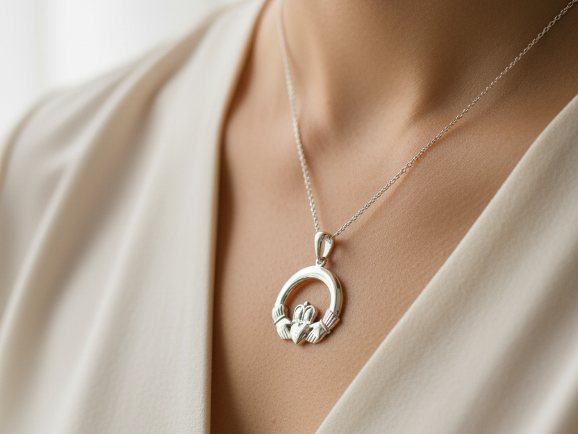 9CT White Gold Claddagh Pendant. 1.10
