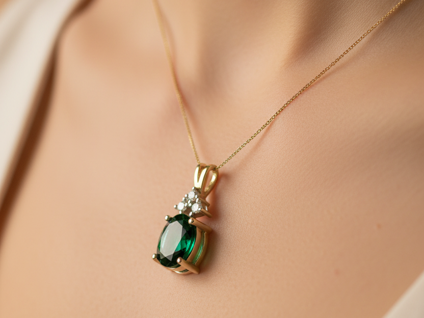 9 CT Yellow Gold Emerald And White Cz Pendant