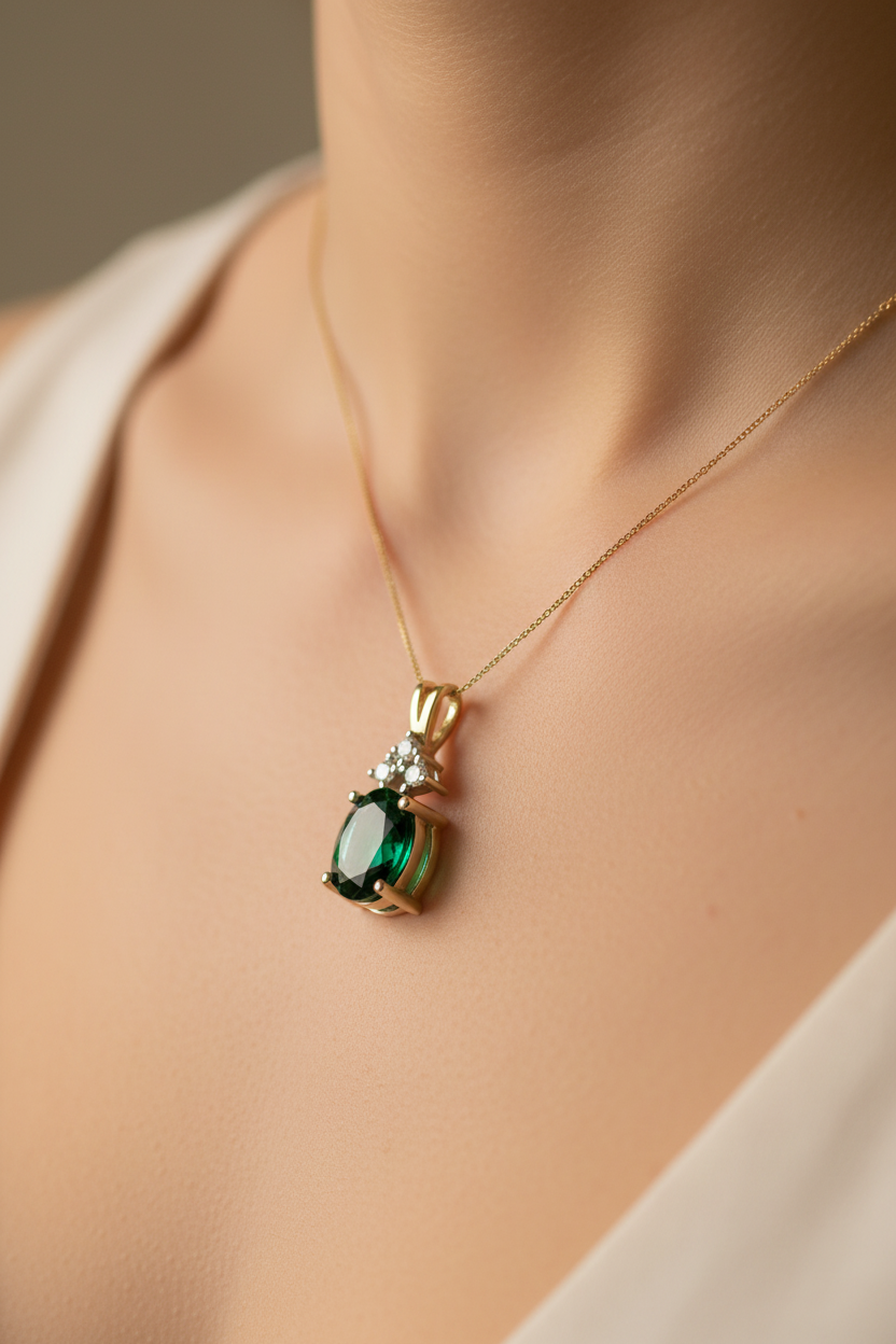 9 CT Yellow Gold Emerald And White Cz Pendant