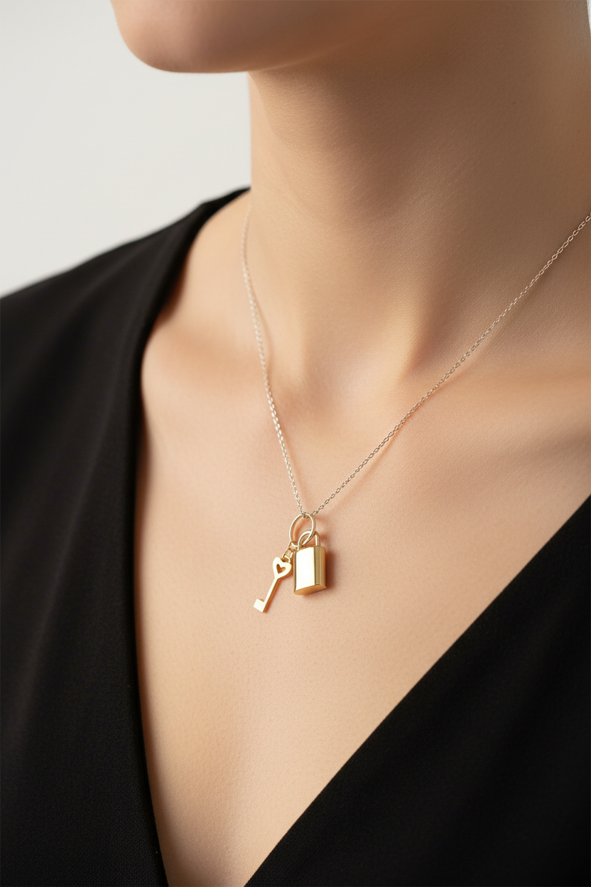 A 9 CT Yellow Gold Padlock and Key Pendant Chained