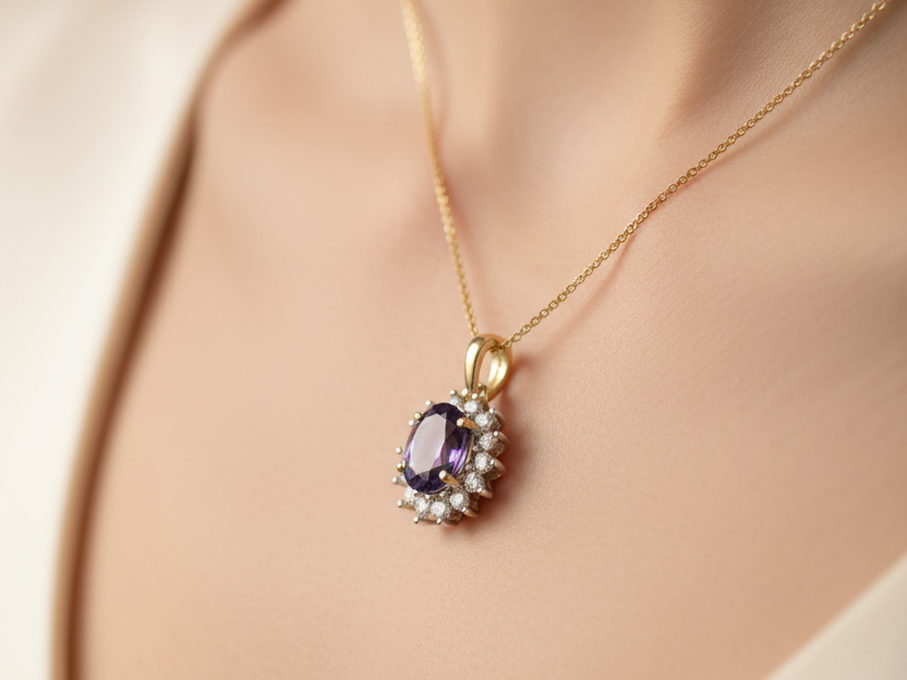 9 CT Yellow Gold Amethyst Cz Pendant Chained 7×5