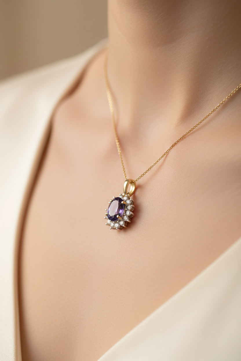 9 CT Yellow Gold Amethyst Cz Pendant Chained 7×5
