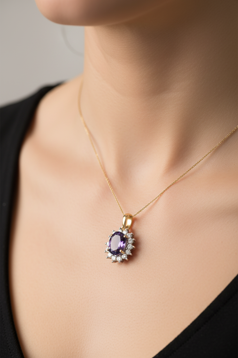 9 CT Yellow Gold Amethsyt Pendant.