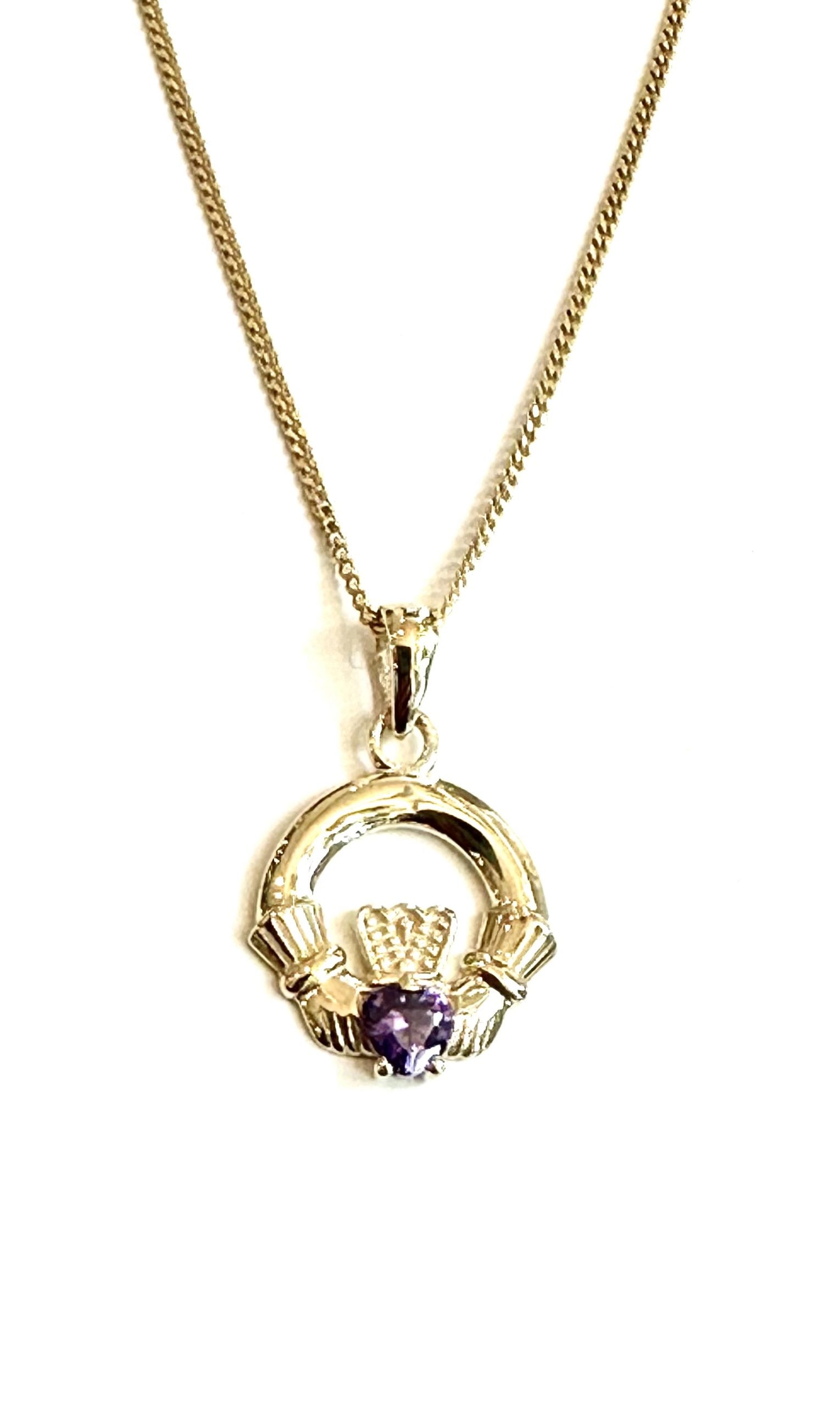 9CT Yellow Gold Amethyst Birthstone Claddagh Pendant