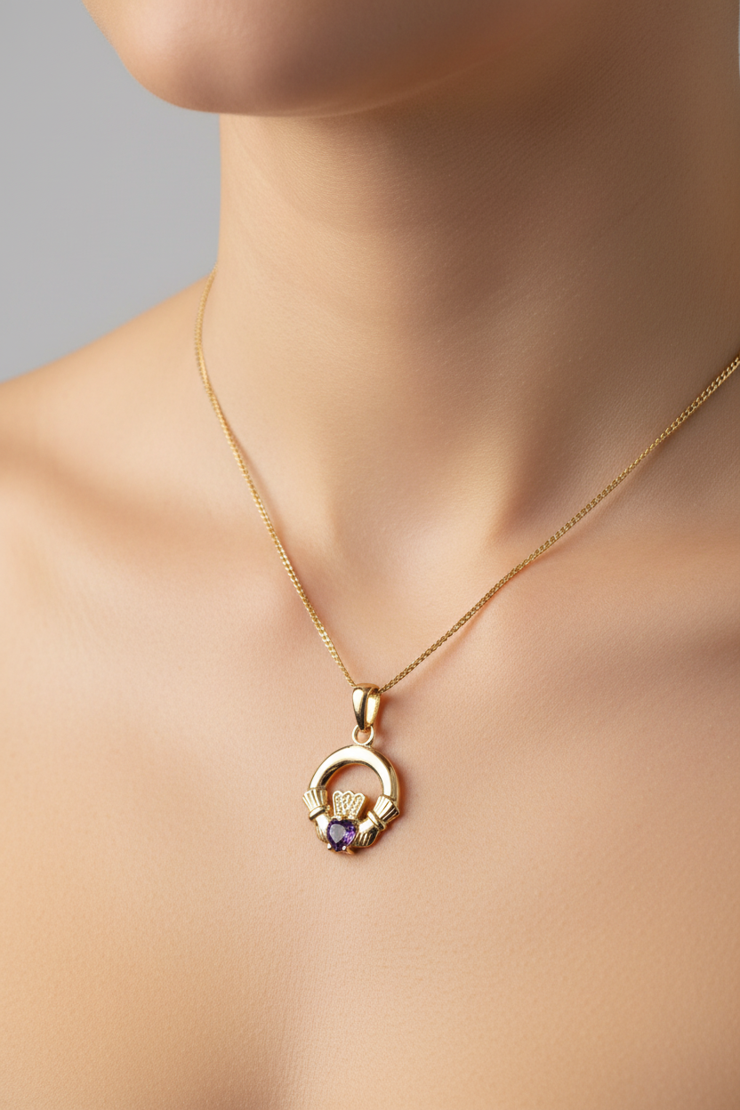 9CT Yellow Gold Amethyst Birthstone Claddagh Pendant