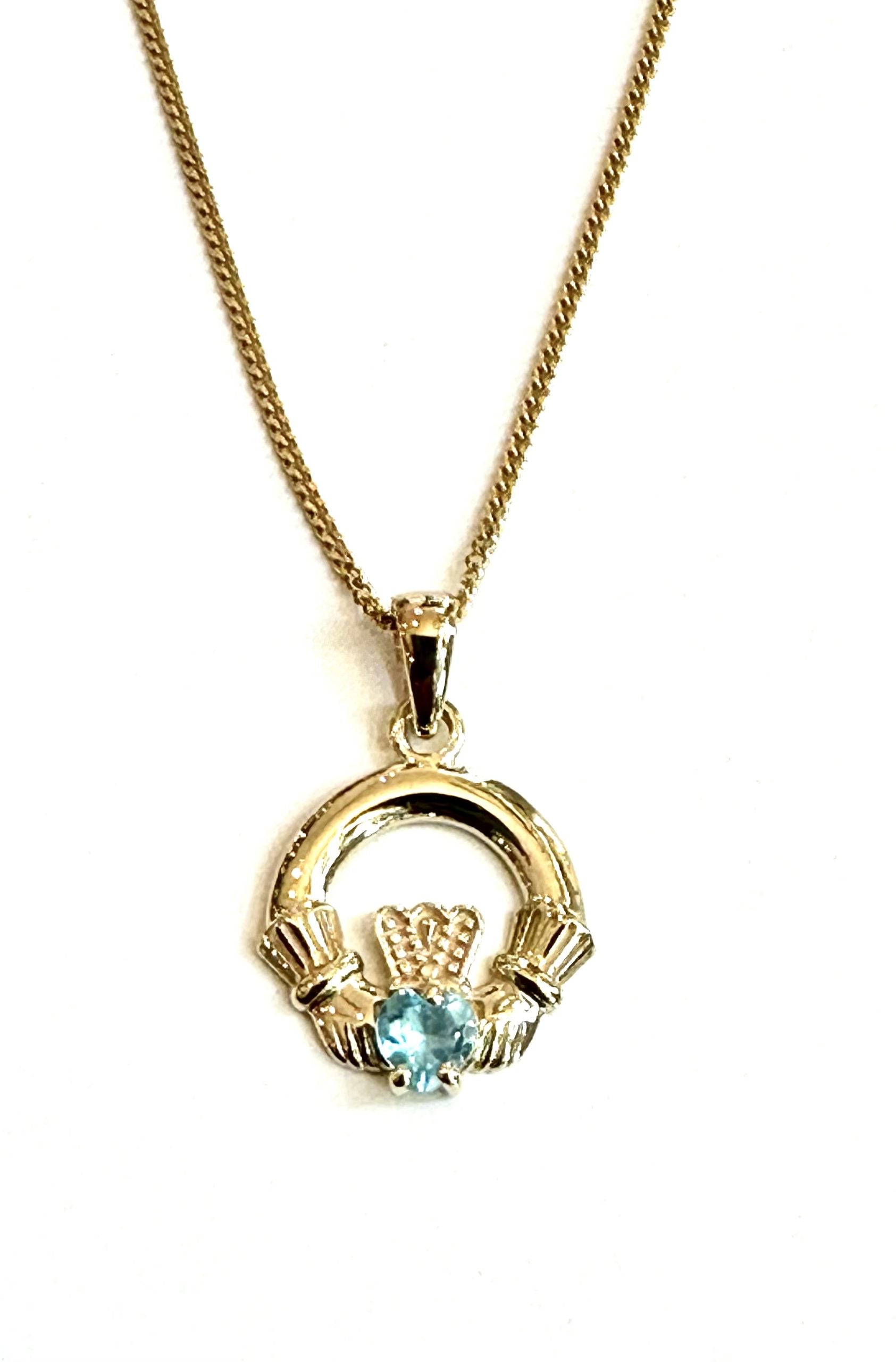 9CT Yellow Gold Aqua Birthstone Claddagh Pendant