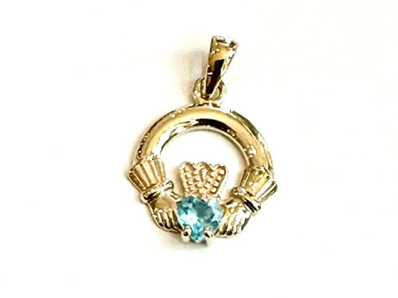 9CT Yellow Gold Aqua Birthstone Claddagh Pendant
