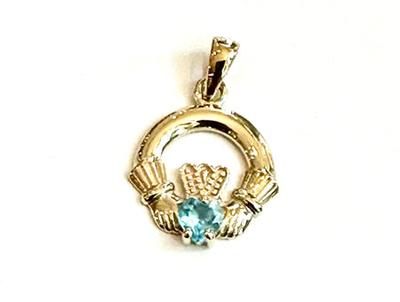 9CT Yellow Gold Aqua Birthstone Claddagh Pendant