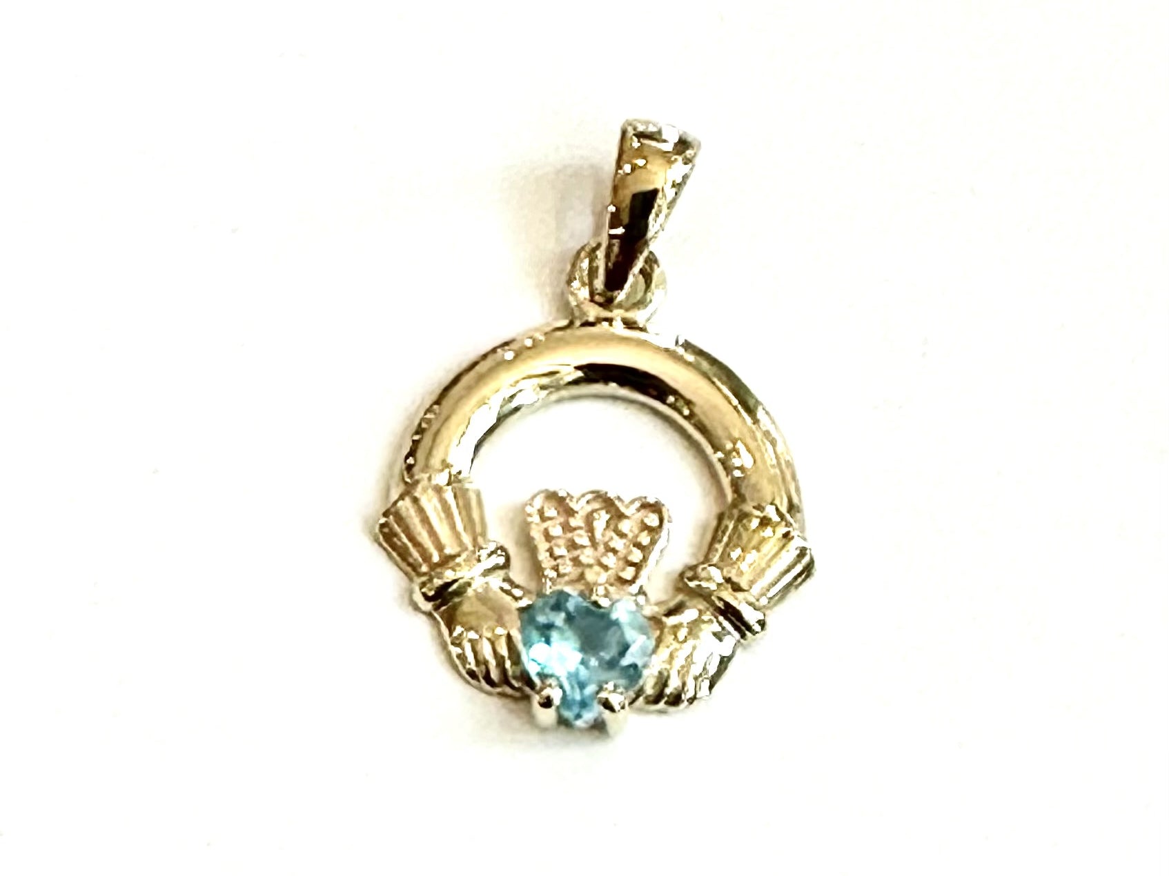 9CT Yellow Gold Aqua Birthstone Claddagh Pendant