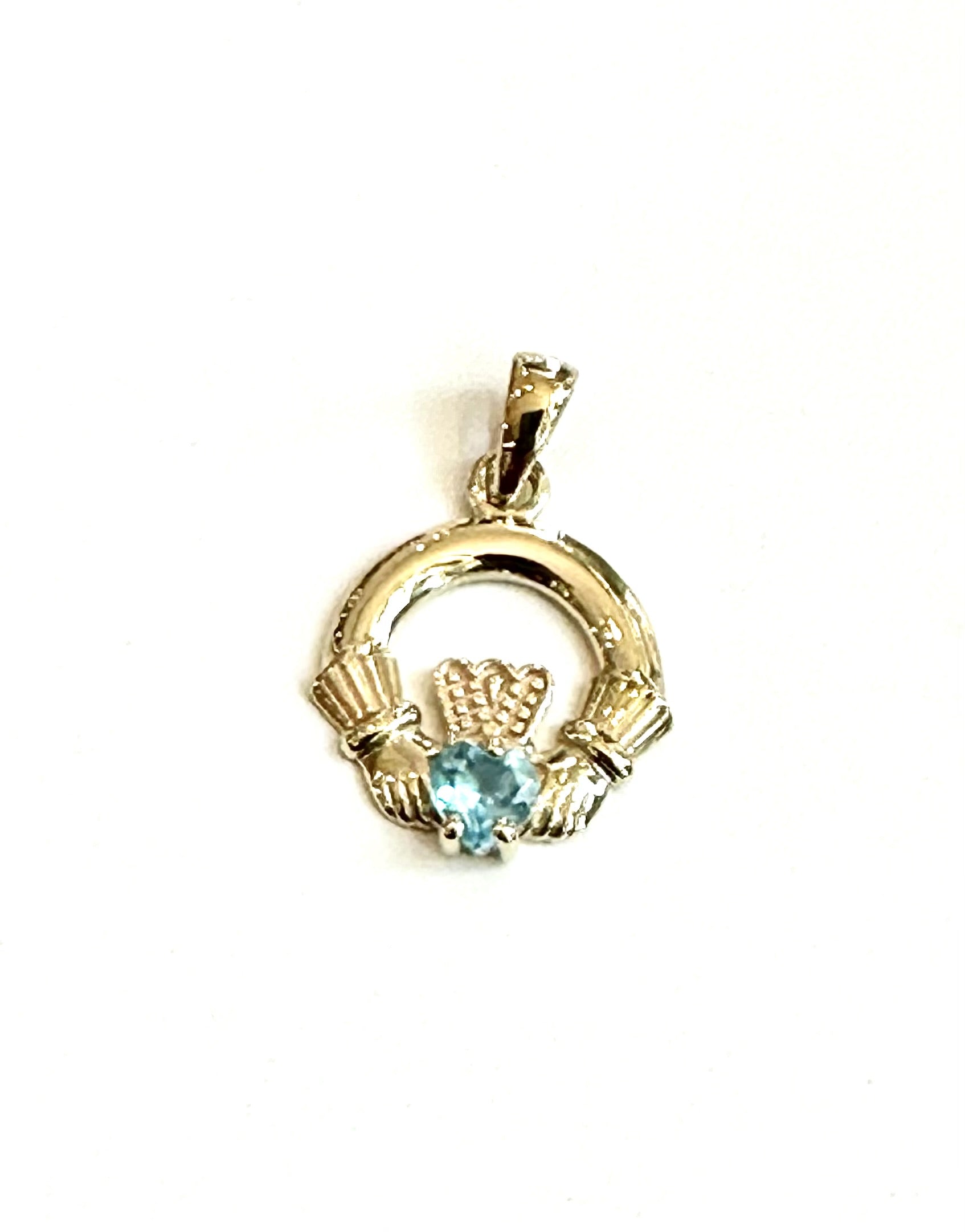 9CT Yellow Gold Aqua Birthstone Claddagh Pendant