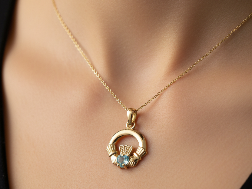 9CT Yellow Gold Aqua Birthstone Claddagh Pendant