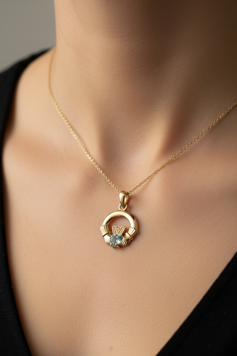 9CT Yellow Gold Aqua Birthstone Claddagh Pendant