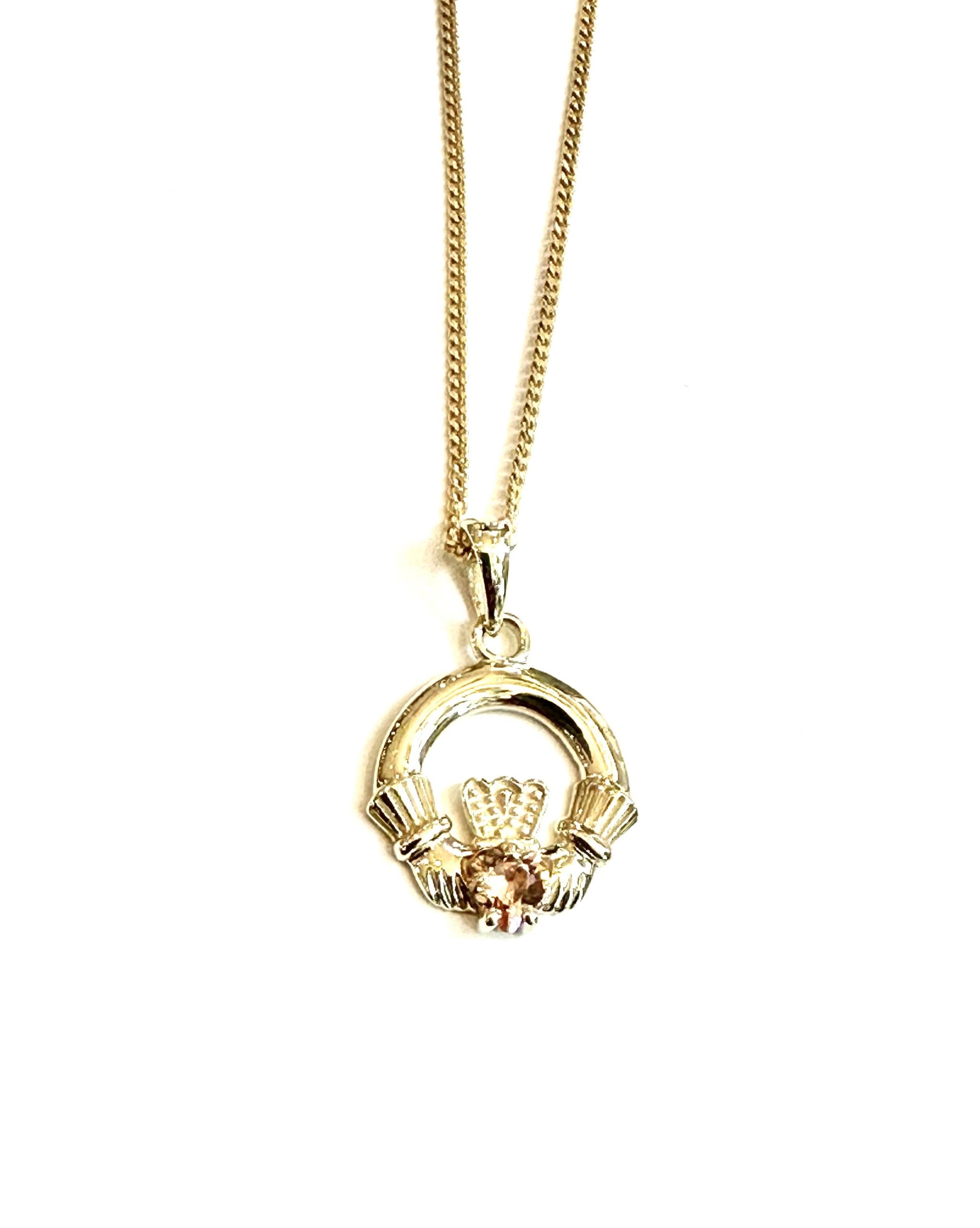 9CT Yellow Gold Champagne Cz Birthstone Claddagh Pendant