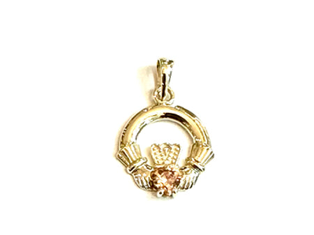 9CT Yellow Gold Champagne Cz Birthstone Claddagh Pendant