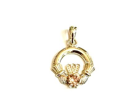 9CT Yellow Gold Champagne Cz Birthstone Claddagh Pendant