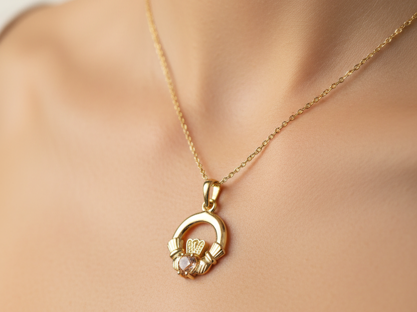 9CT Yellow Gold Champagne Cz Birthstone Claddagh Pendant