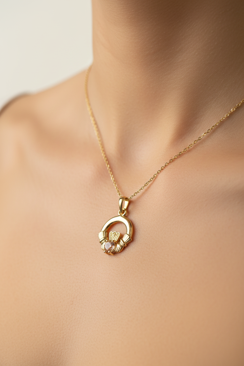 9CT Yellow Gold Champagne Cz Birthstone Claddagh Pendant