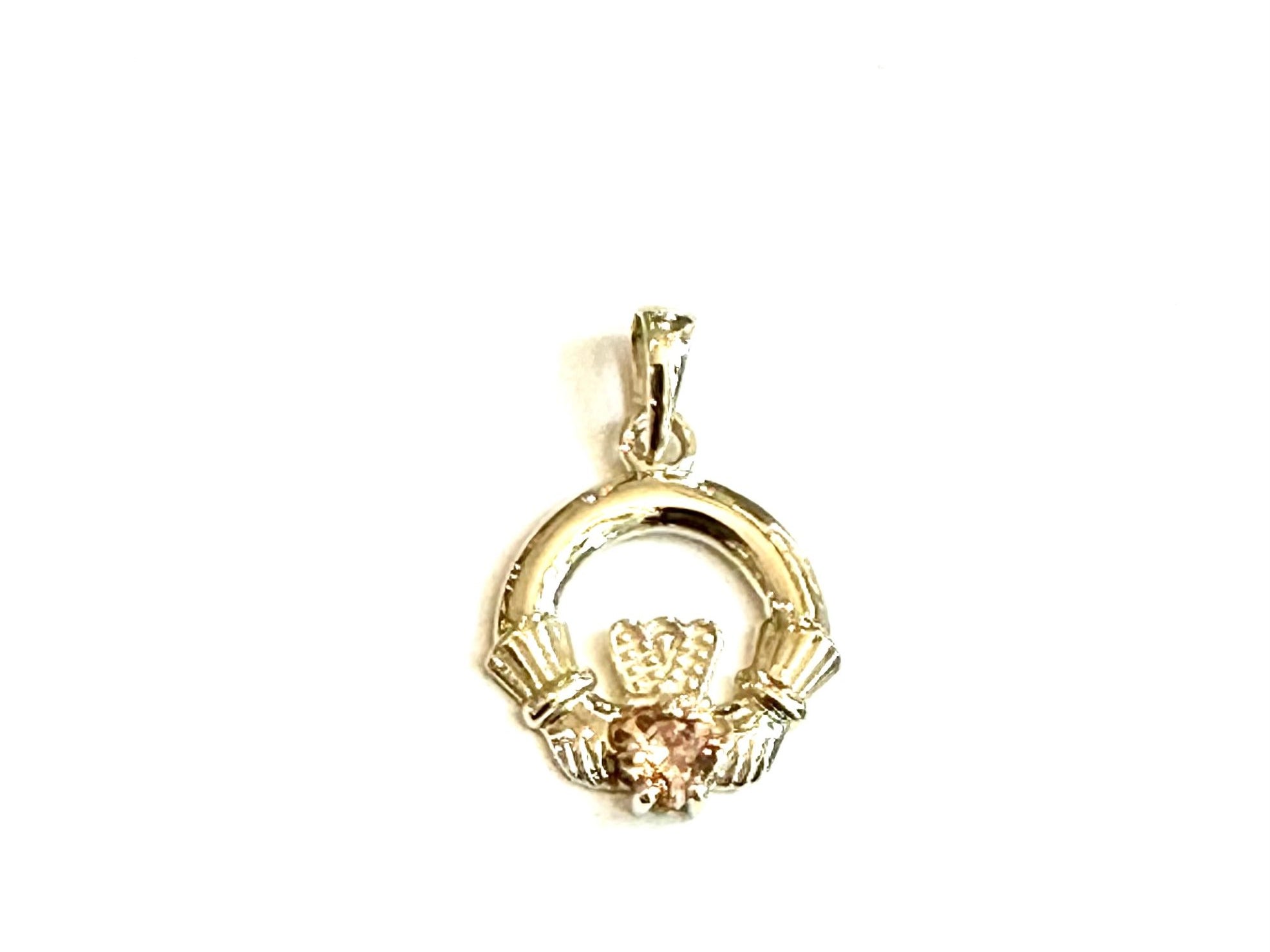 9CT Yellow Gold Champagne Cz Birthstone Claddagh Pendant