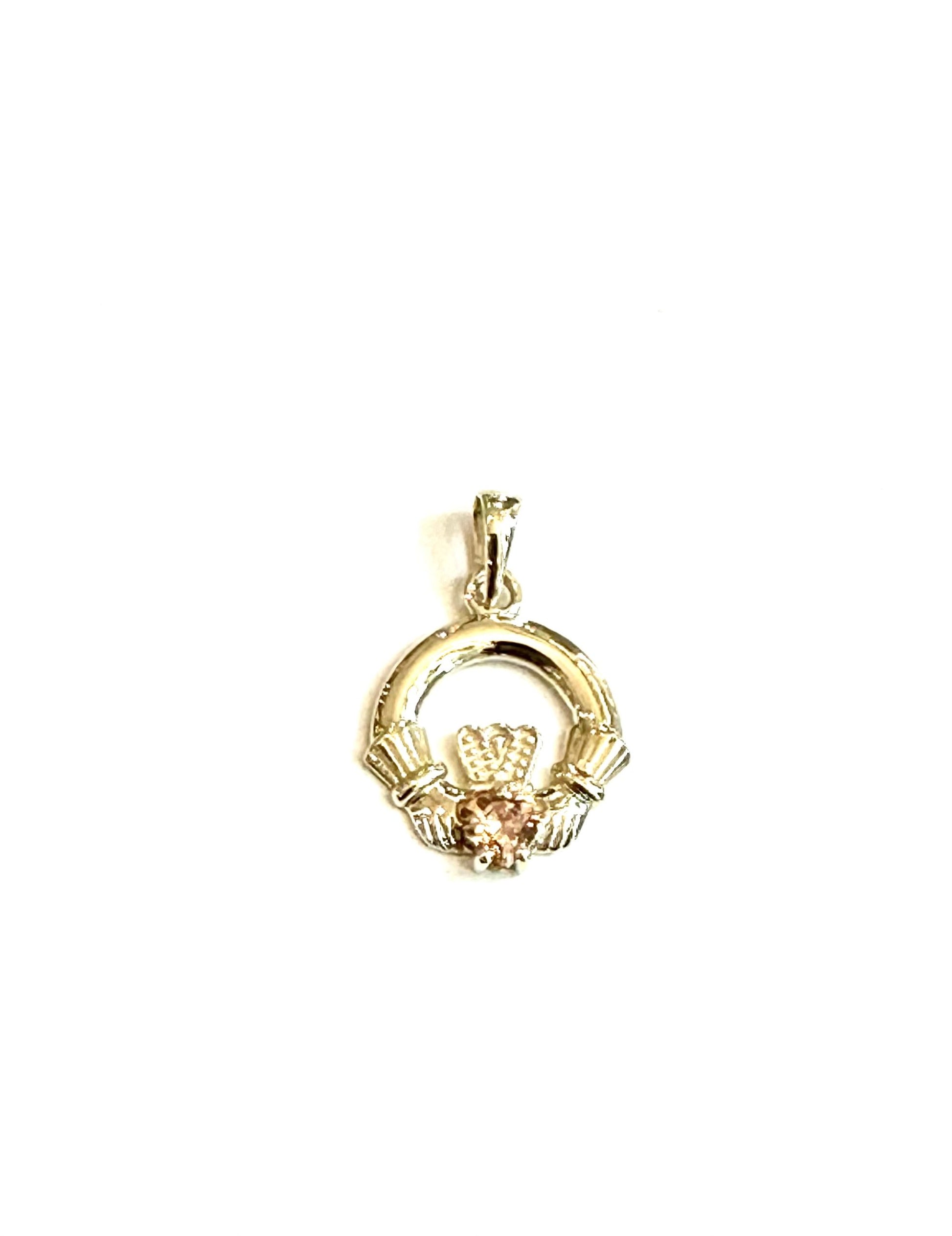 9CT Yellow Gold Champagne Cz Birthstone Claddagh Pendant