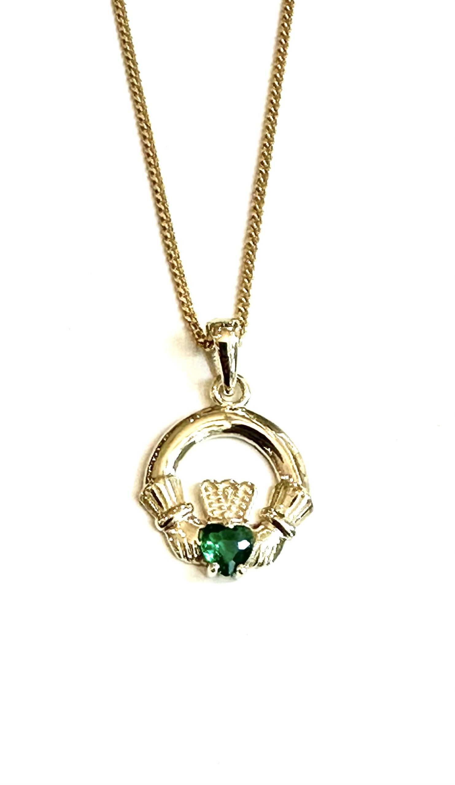 9CT White Gold Emerald Birthstone Claddagh Pendant.