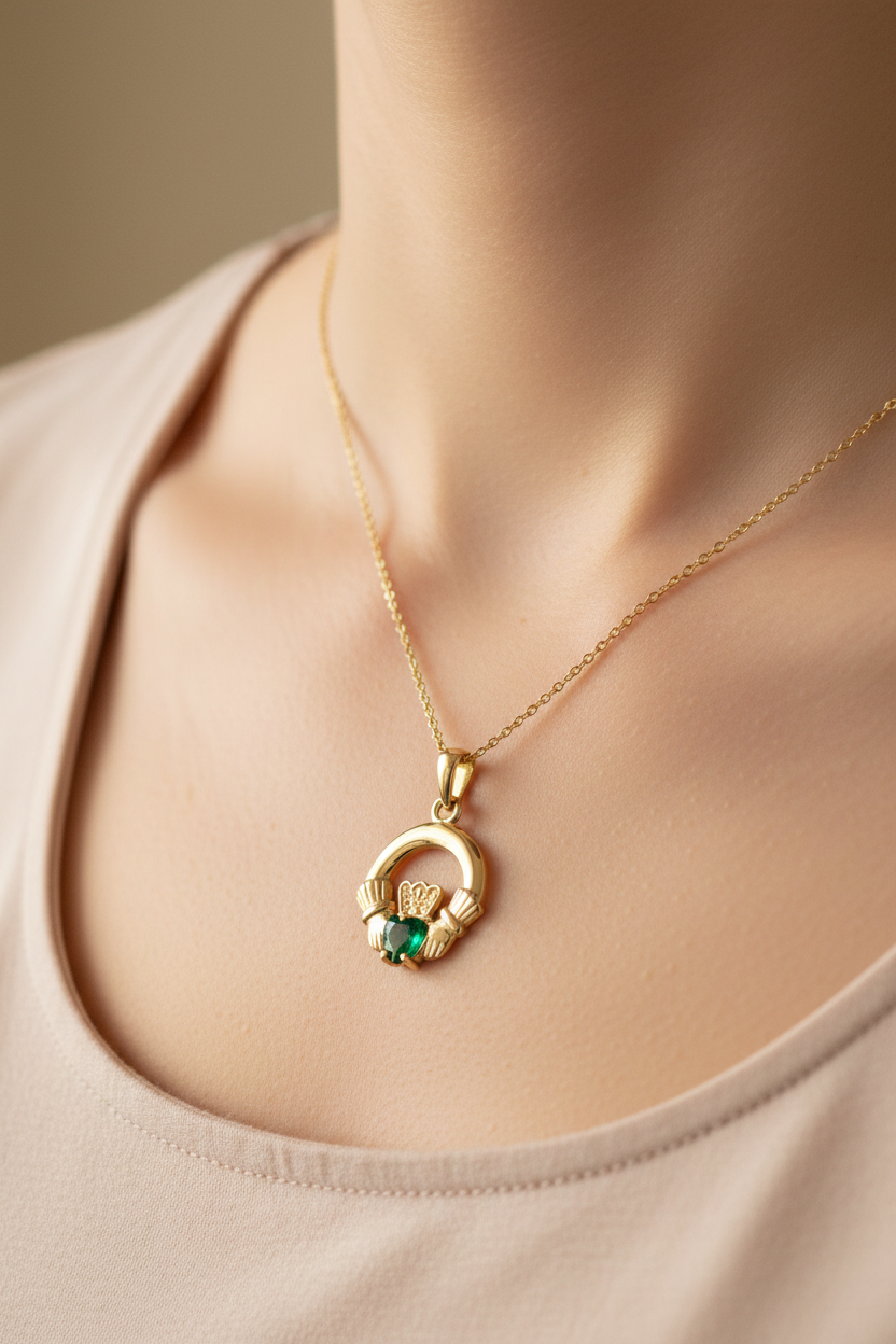 9CT Yellow Gold Emerald Cz Birthstone Claddagh Pendant